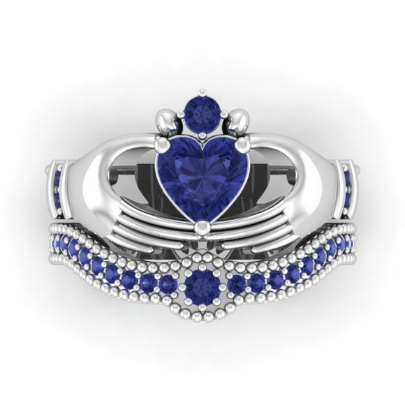 Huitan Jewelry - 925 Silver Heart Shape Blue Sapphire Wedding Ring